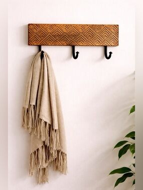 Hand Carved Wooden Wall Hook Rack Rustic Boho Entryway Organizer Made in India